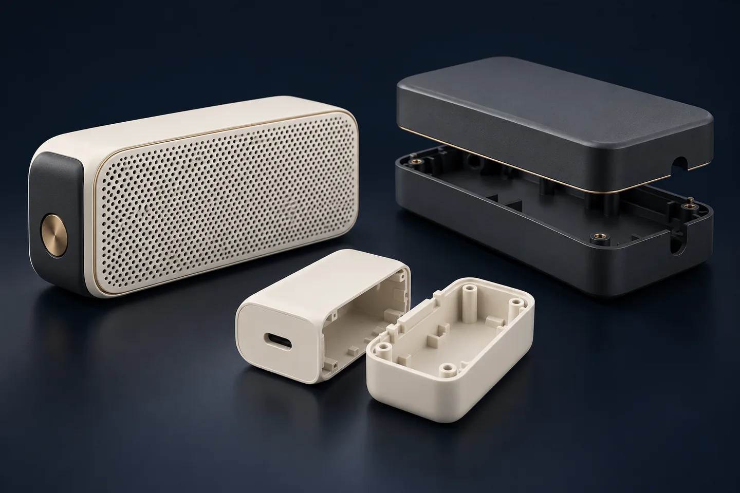 Illustrative speaker, charger and adapter housing designs